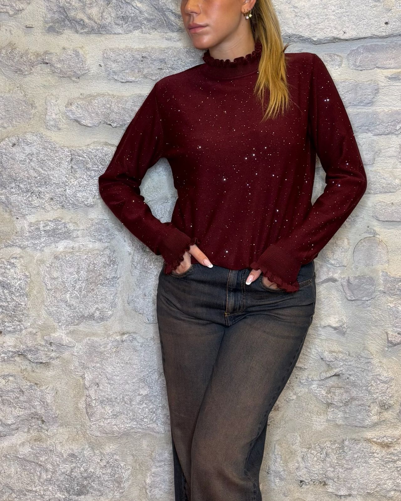 HAVE ONE maglioncino con micro paillettes bordeaux Image