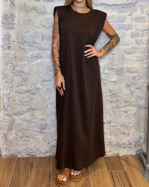 TENSIONE IN abito lungo in maglia con spalle imbottite moro  Image