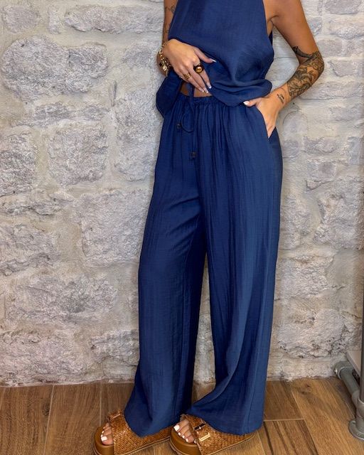 TENSIONE IN pantalone a gamba larga in lino e viscosa blu  Image