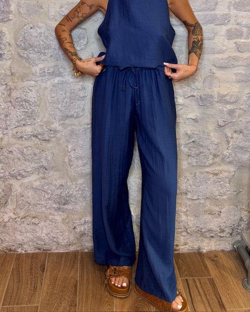 TENSIONE IN pantalone a gamba larga in lino e viscosa blu  Image