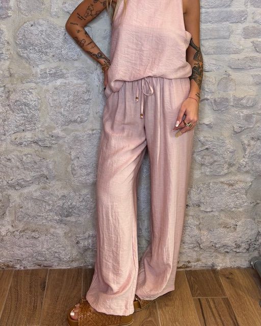 TENSIONE IN pantalone a gamba larga viscosa e lino rosa  Image
