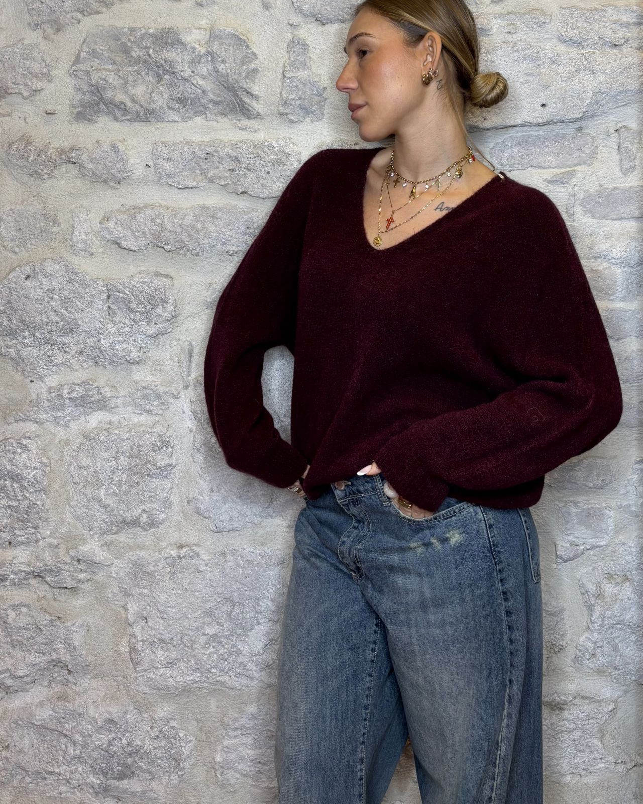 NUMERO6SELECTION maglia alpaca scollo a V bordeaux Image