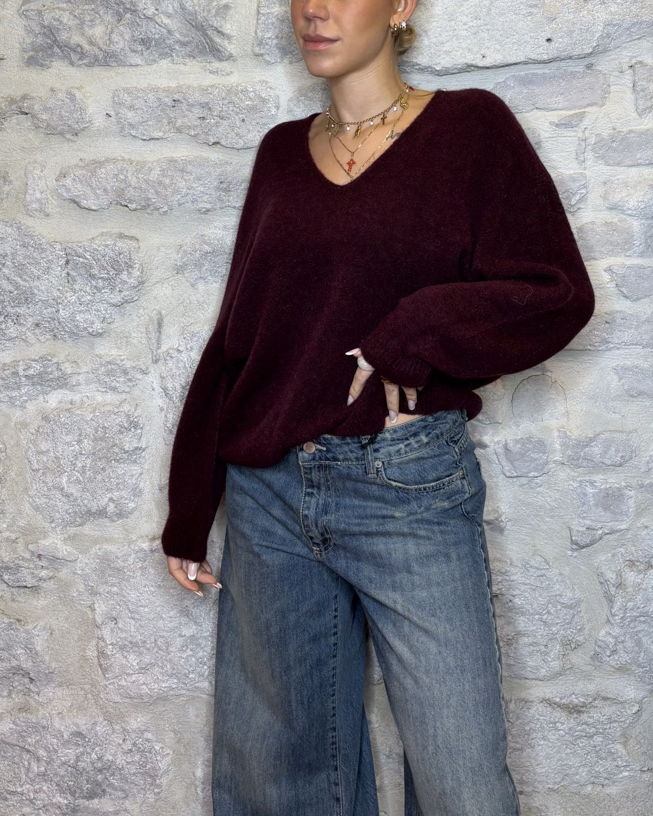 NUMERO6SELECTION maglia alpaca scollo a V bordeaux Image