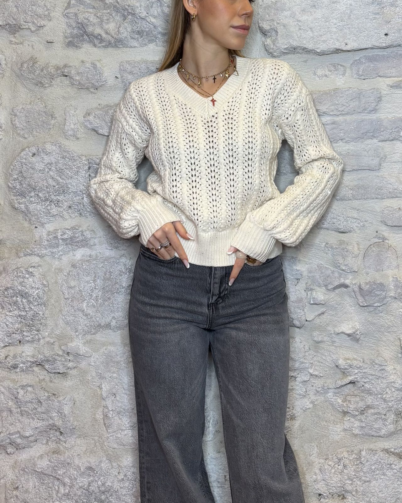 SUSY MIX maglioncino paillettes scollo a v crema Image