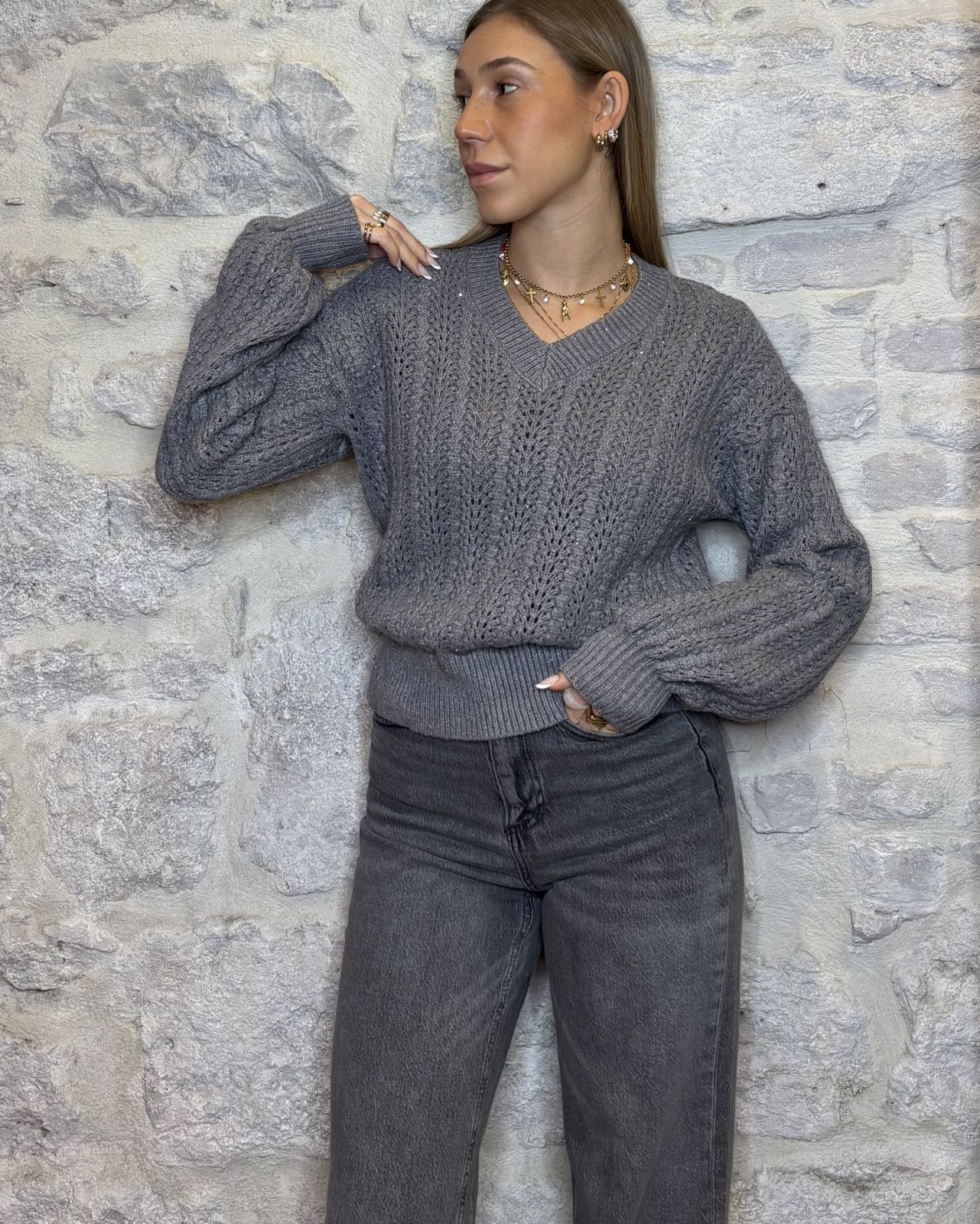 SUSY MIX maglioncino paillettes scollo a v grigio Image