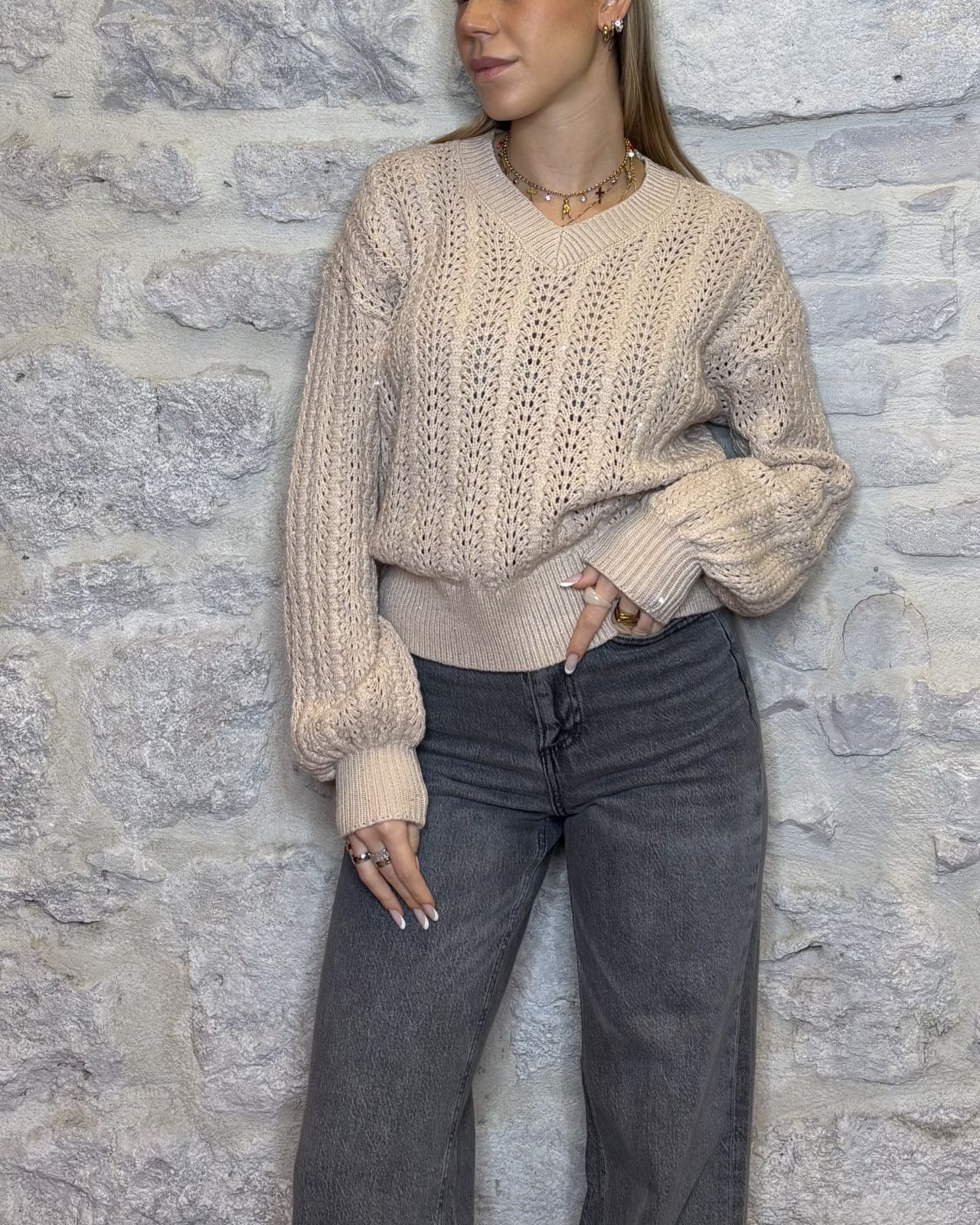 SUSY MIX maglioncino paillettes scollo a v beige Image