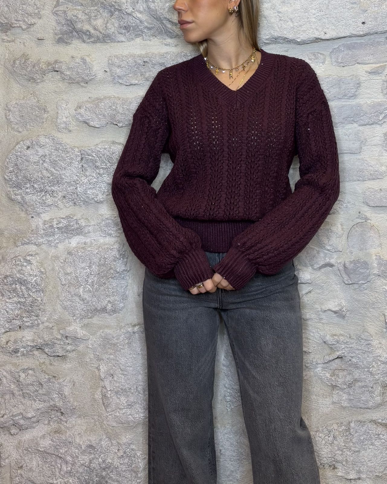 SUSY MIX maglioncino paillettes scollo a v vino Image