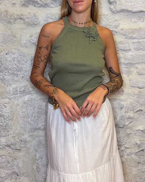 SUSY MIX canotta costine con fiore verde militare Image