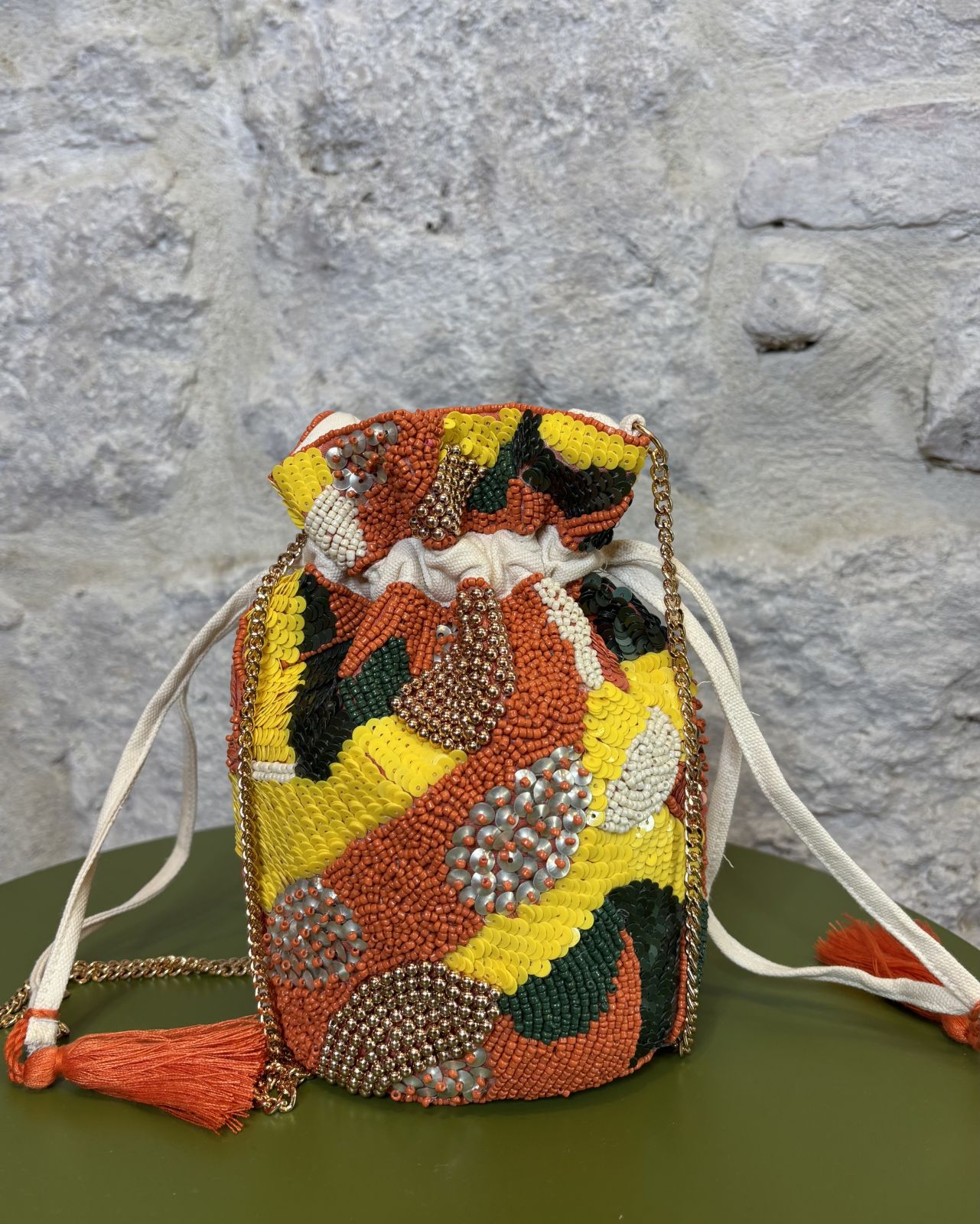 HANDMADE borsa a sacchetto decorata giallo/arancio Image