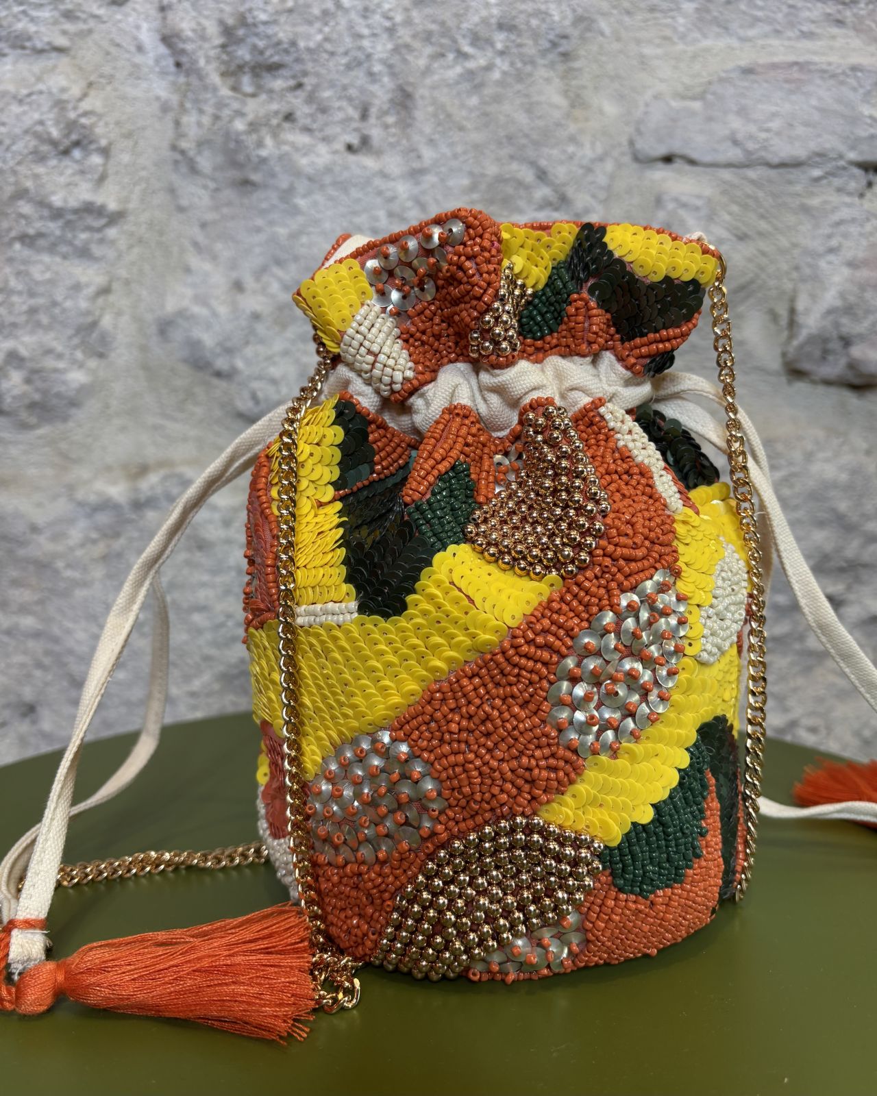 HANDMADE borsa a sacchetto decorata giallo/arancio Image