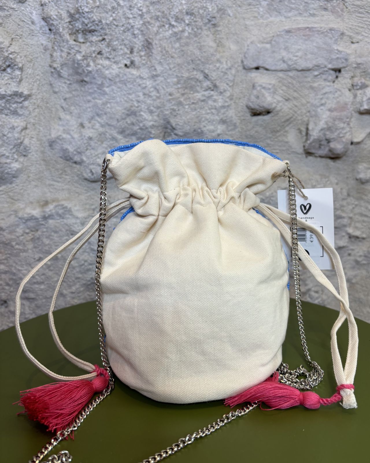 HANDMADE borsa a sacchetto decorata celeste/rosa Image