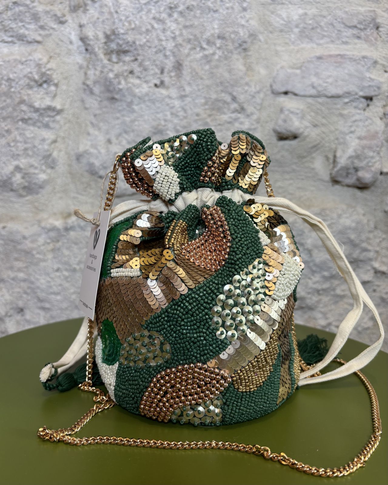 HANDMADE borsa a sacchetto verde/oro Image