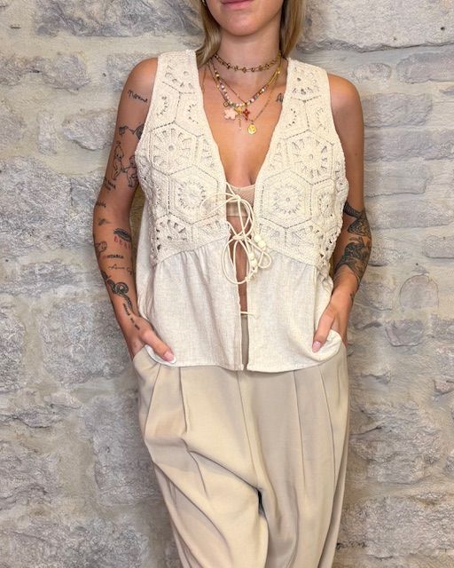NUMERO6SELECTION gilet lino e crochet sabbia Image