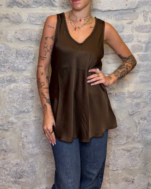 SUSY MIX canotta in viscosa scollo a V lurex cioccolato  Image