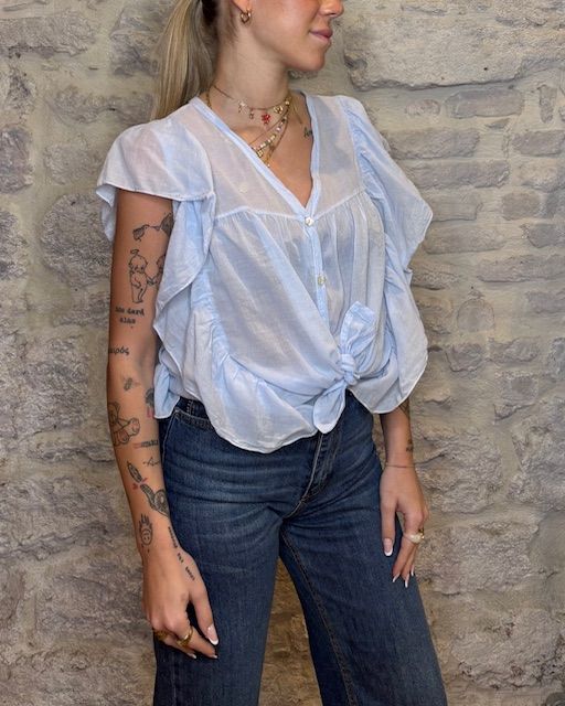 SUSY MIX camicia mussola con volant celeste  Image